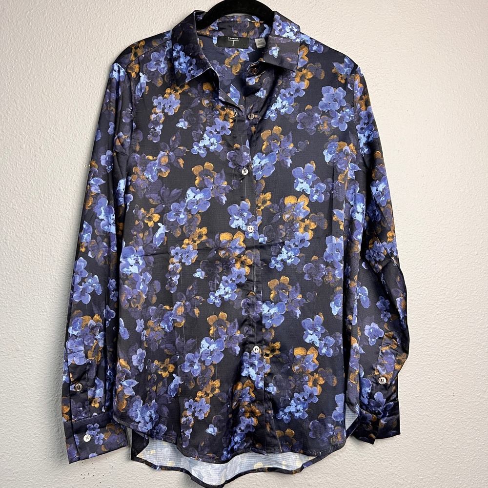 Tahariβ Womens Floral Button Down Blouse Navy Blue Purple Gold Satin Shirt SP